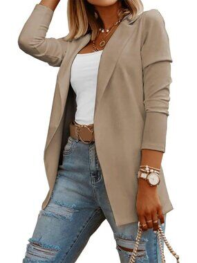 Women's Khaki Long Sleeve Knit Blazer Work Business Outfits Open Front Jacket